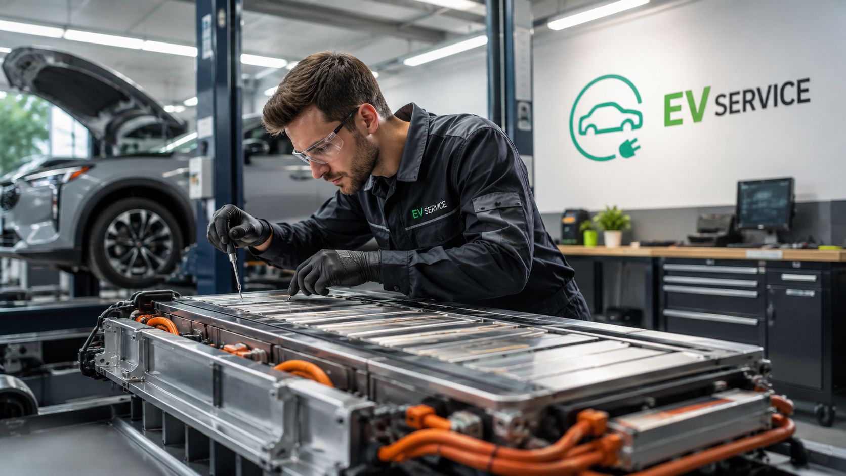 Electric Vehicle Maintenance: Your Complete 2026 Guide 2 A professional technician wearing safety gear inspects an electric vehicle battery pack in a modern repair workshop.