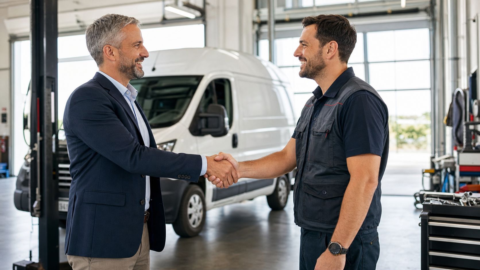 Build a Fleet Maintenance Schedule That Works 3 A professional man in a suit shaking hands with a vehicle technician in a garage workshop.