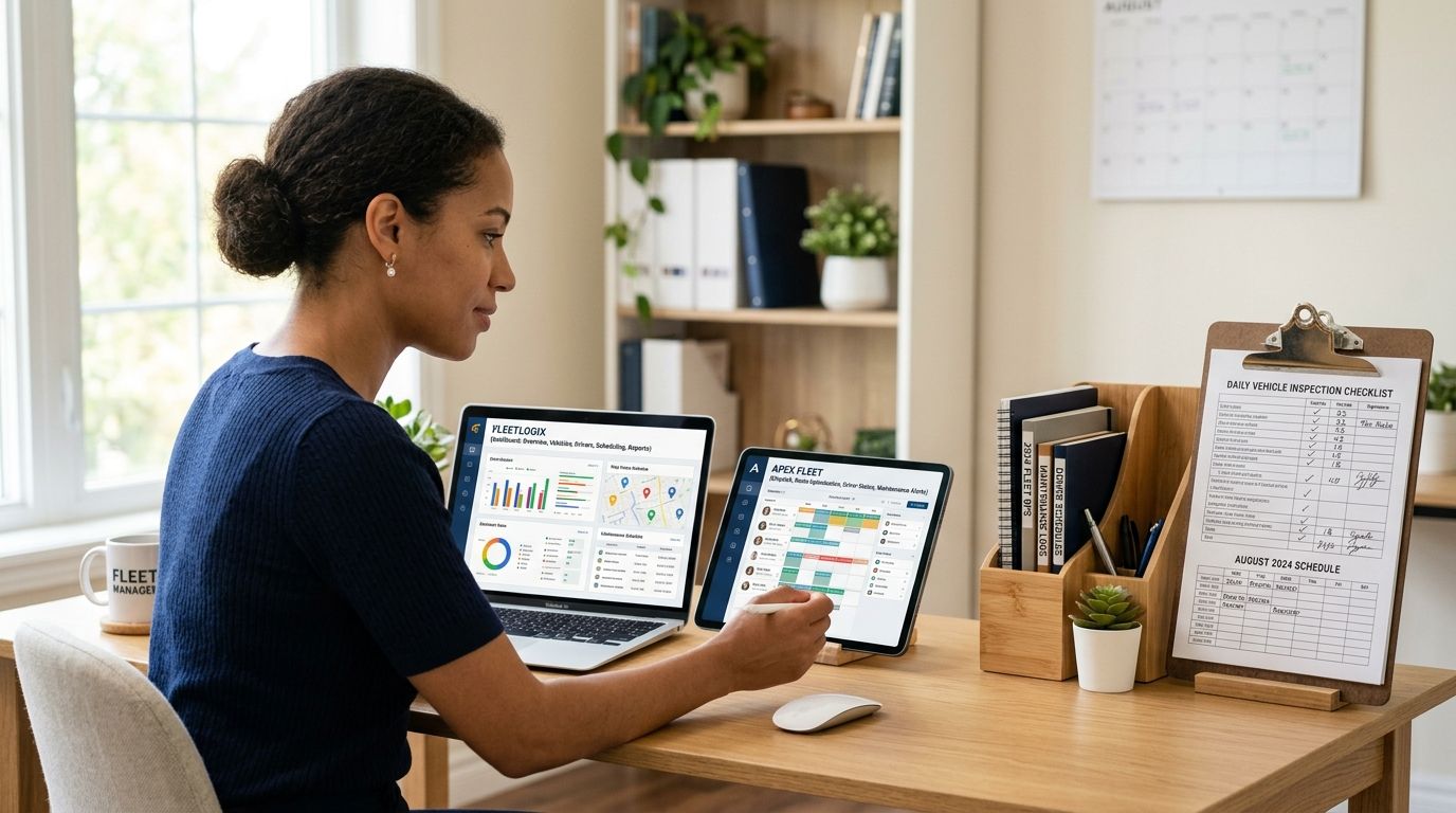 Build a Fleet Maintenance Schedule That Works 2 A professional woman working at a desk managing fleet maintenance schedules on a laptop and tablet.