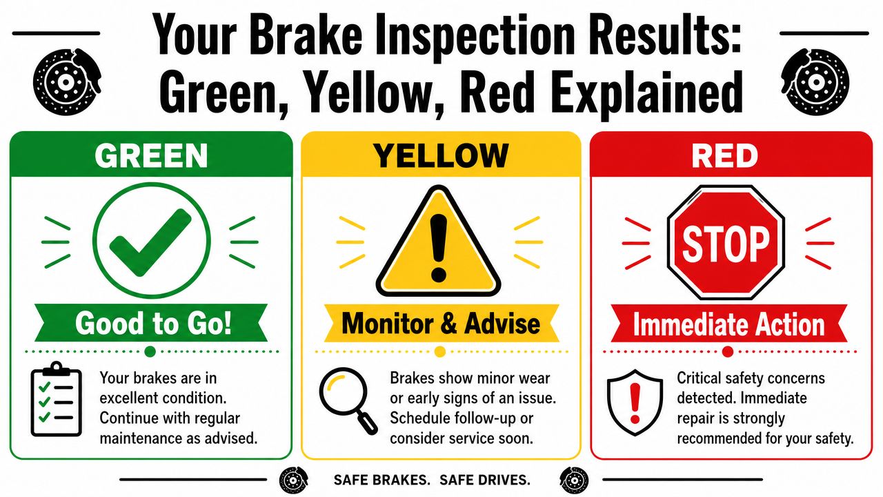 Free Brake Inspection: What's Included and Is It Worth It? 3 A visual guide explaining brake inspection results using a traffic light color-coded system of green, yellow, and red.