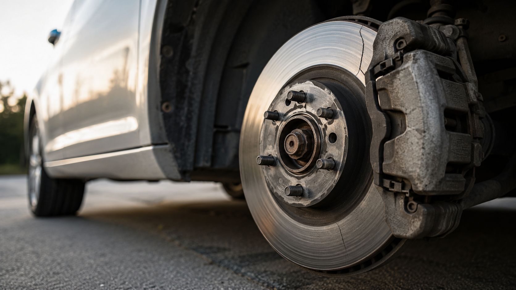 Free Brake Inspection: What's Included and Is It Worth It? 2 A close-up view of a car's brake disc with a visible crack on the metal surface.