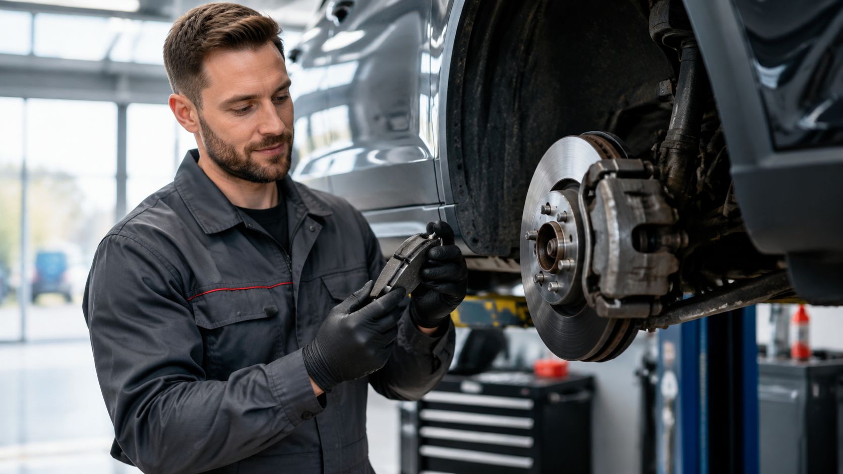 Free Brake Inspection: What's Included and Is It Worth It? 4 A professional mechanic wearing gloves inspects a used brake pad in an automotive repair shop.