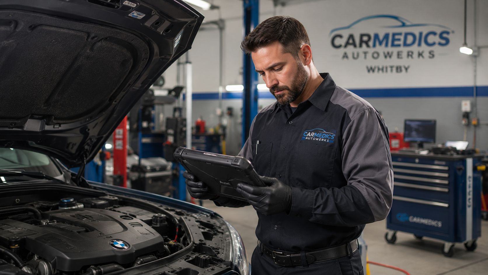 Fuel Injection Cleaning Service Cost: A 2026 Guide 3 A professional mechanic in a uniform uses a diagnostic tablet to inspect a car engine in a workshop.