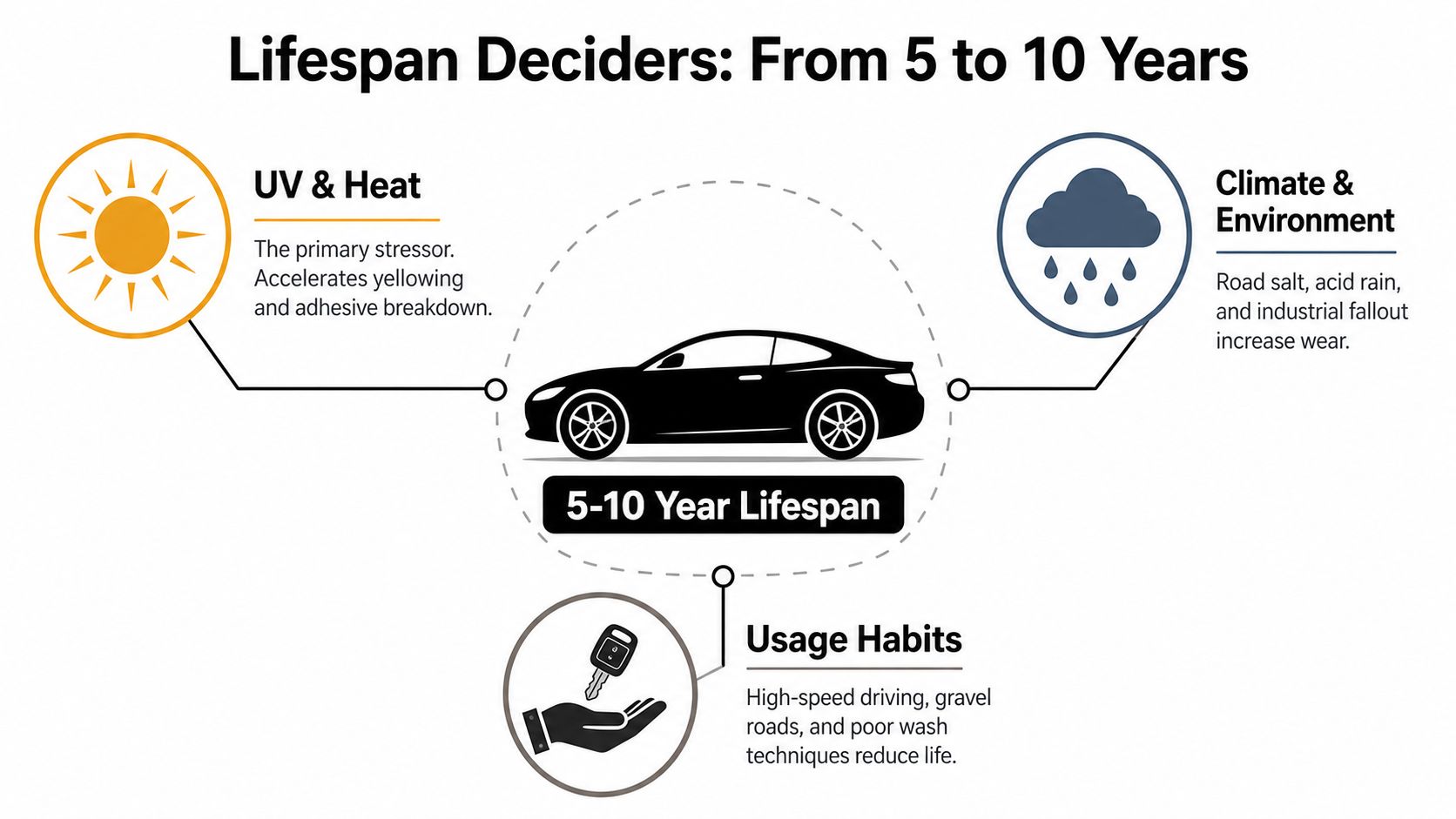 An infographic showing that paint protection film typically lasts five to ten years depending on environmental factors.