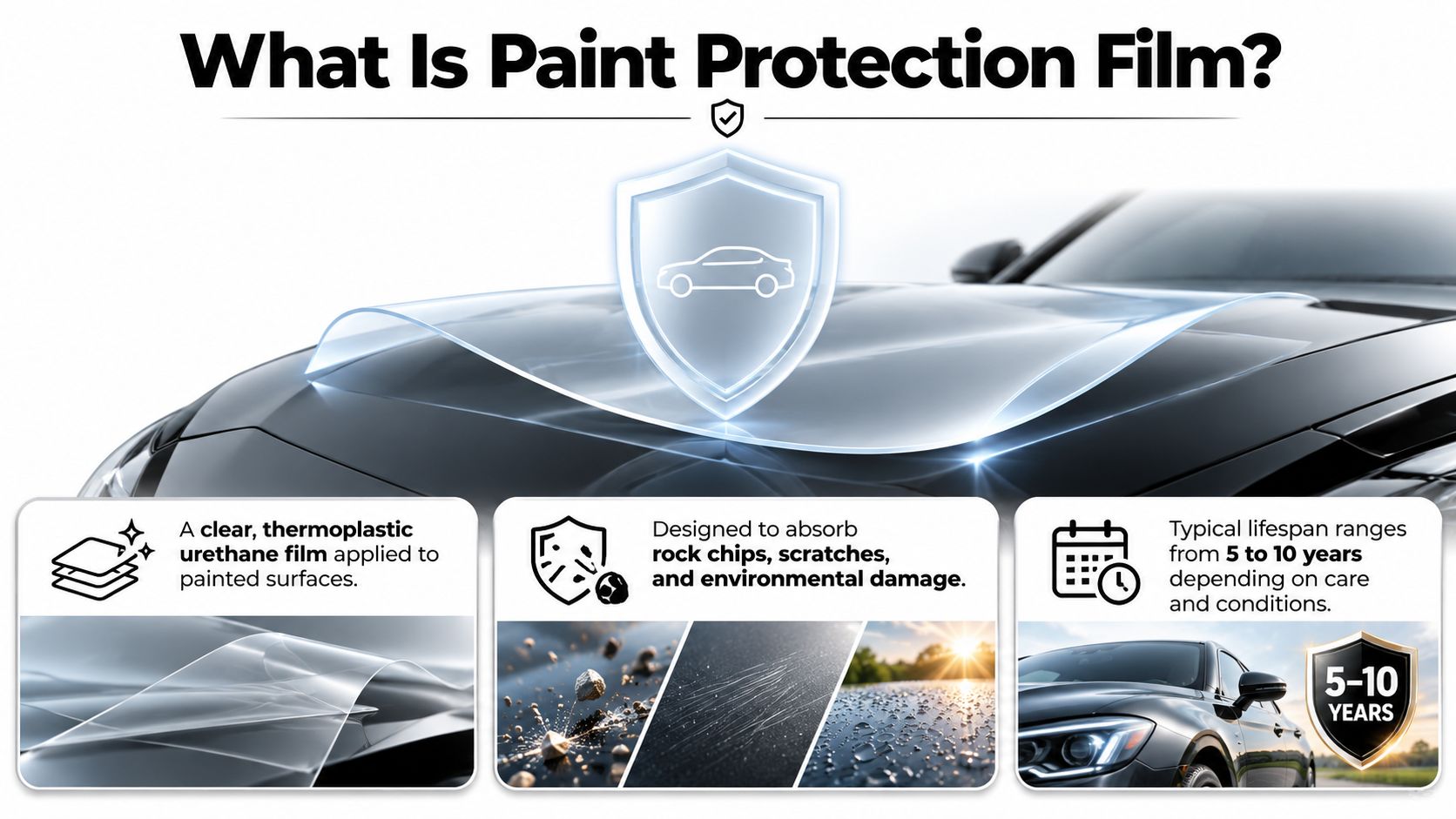 An infographic explaining how paint protection film is a durable thermoplastic layer that protects cars from damage.