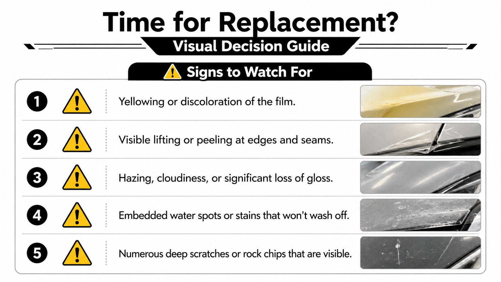 A visual guide showing five common signs that automotive paint protection film requires replacement or maintenance.