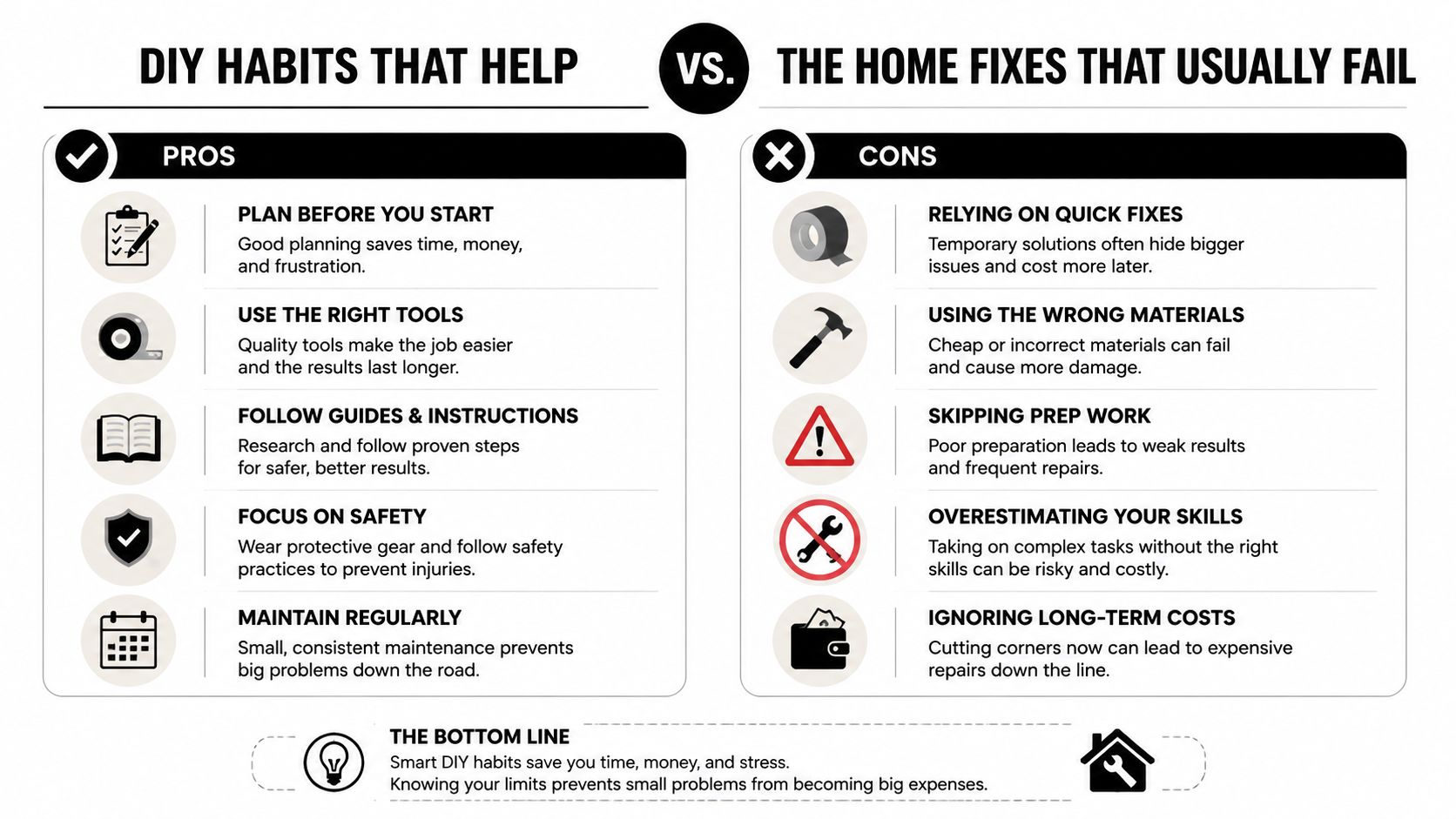 Odor Removal Service: What Pros Actually Do to Your Car 3 A comparison infographic showing beneficial DIY habits versus common home repair mistakes that lead to failure.