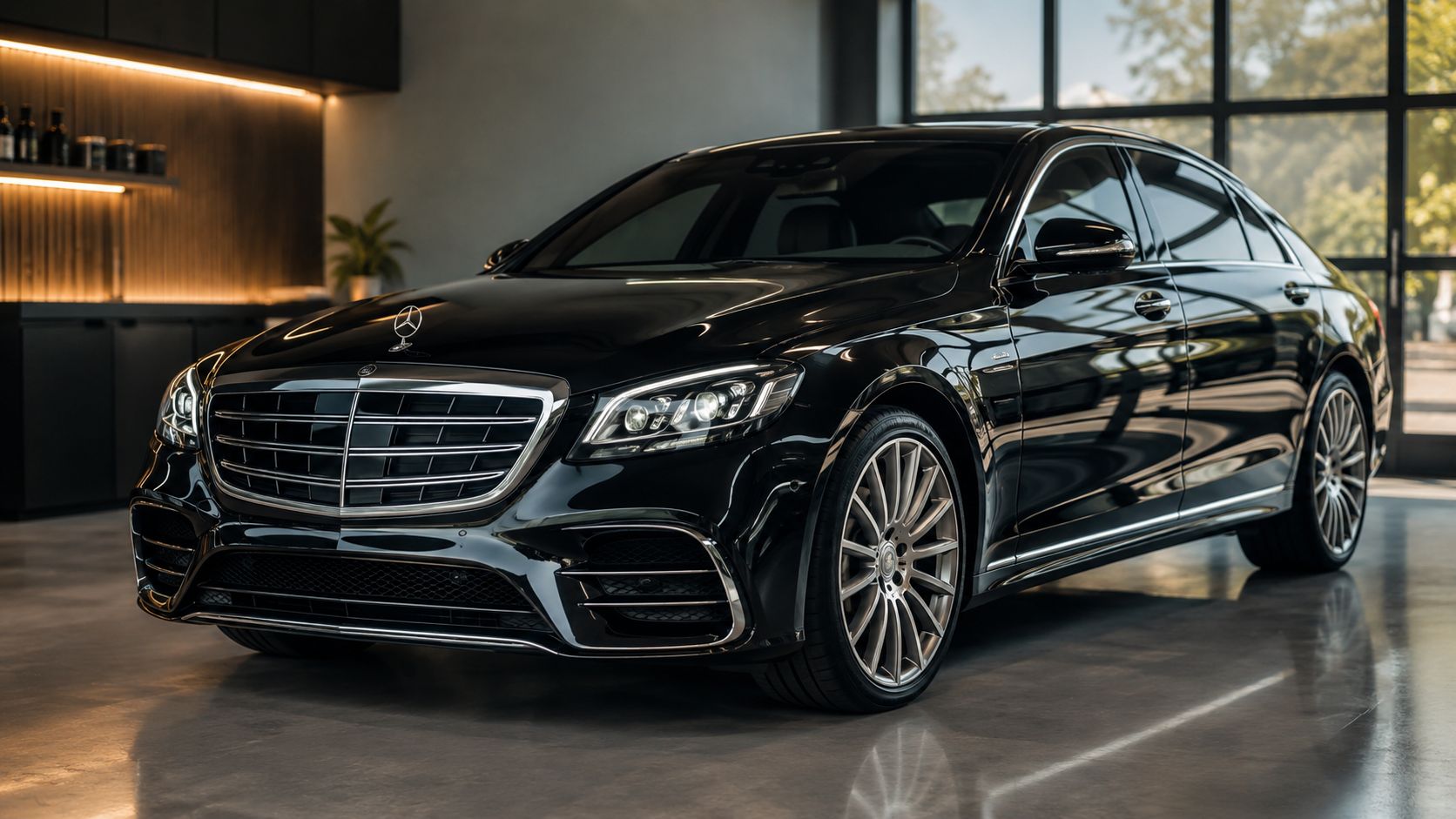 Paint Protection Film Advantages and Disadvantages 20 A luxurious black Mercedes-Benz sedan parked inside a modern showroom with polished concrete floors and ambient lighting.