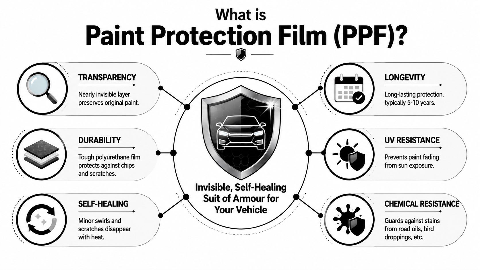 Paint Protection Film Advantages and Disadvantages 19 An infographic detailing the benefits of automotive Paint Protection Film, including self-healing, durability, and UV resistance properties.