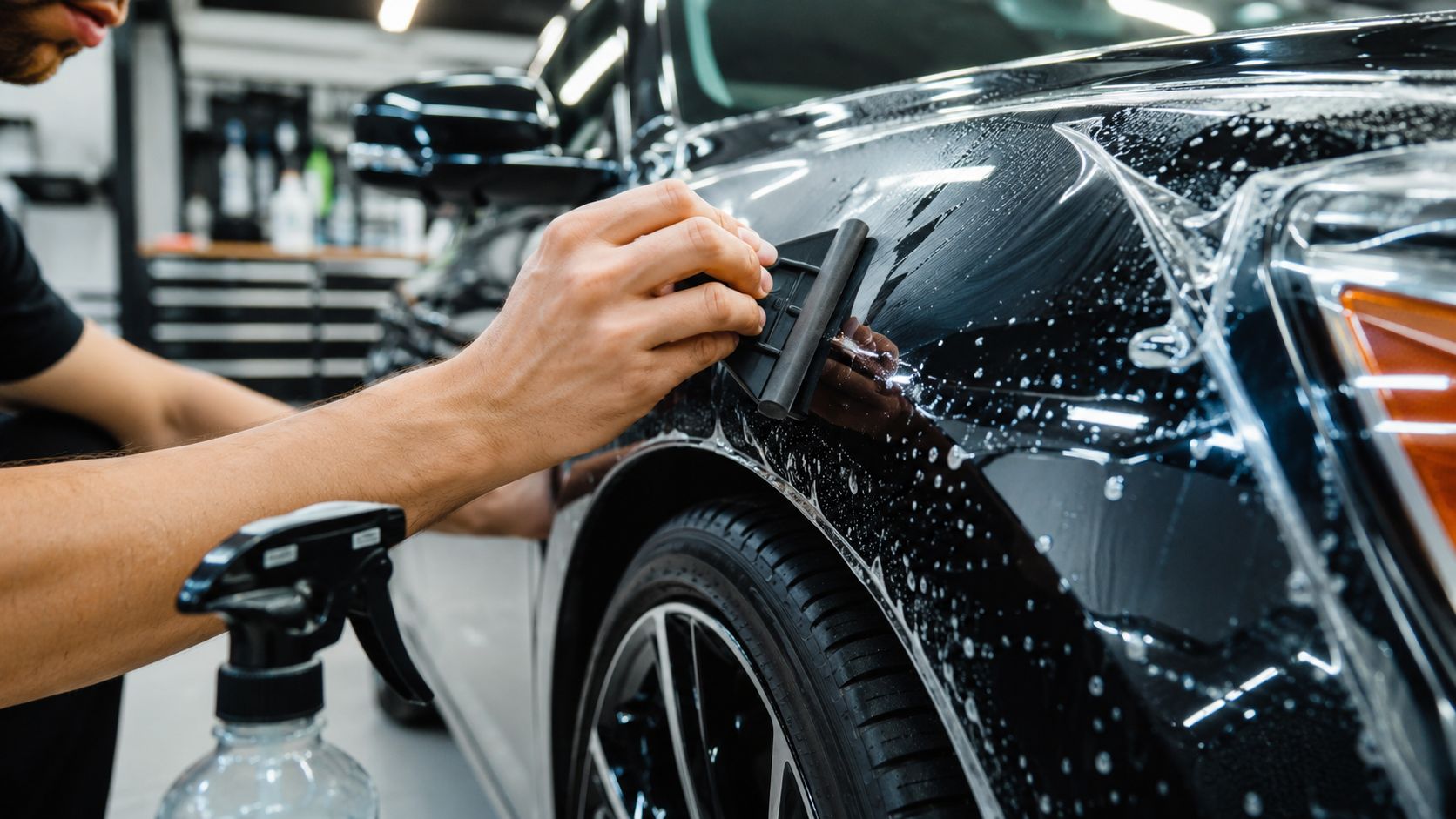 A technician carefully applying paint protection film to a black car fender using a squeegee tool.