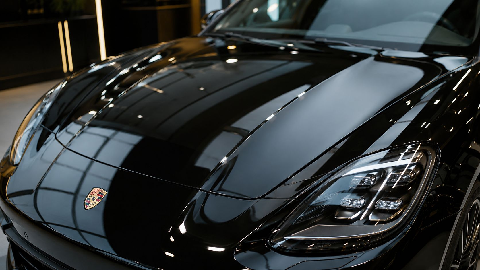 A close-up view of the glossy, pristine black hood and modern LED headlight of a luxurious Porsche sports car.