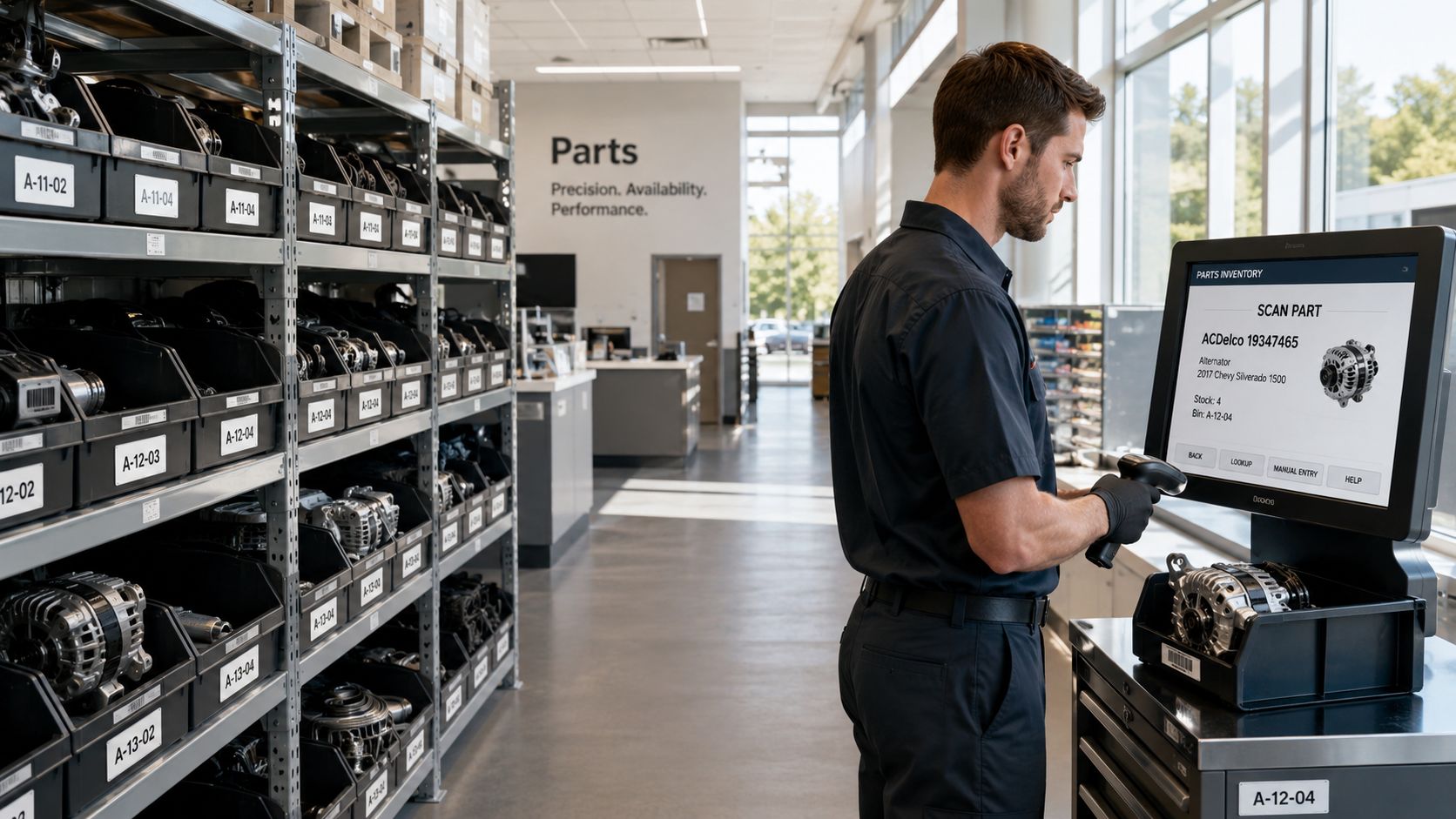 Auto Shop Success: Parts Inventory Management 1 A technician scans an automotive part in a modern, organized vehicle parts warehouse facility.