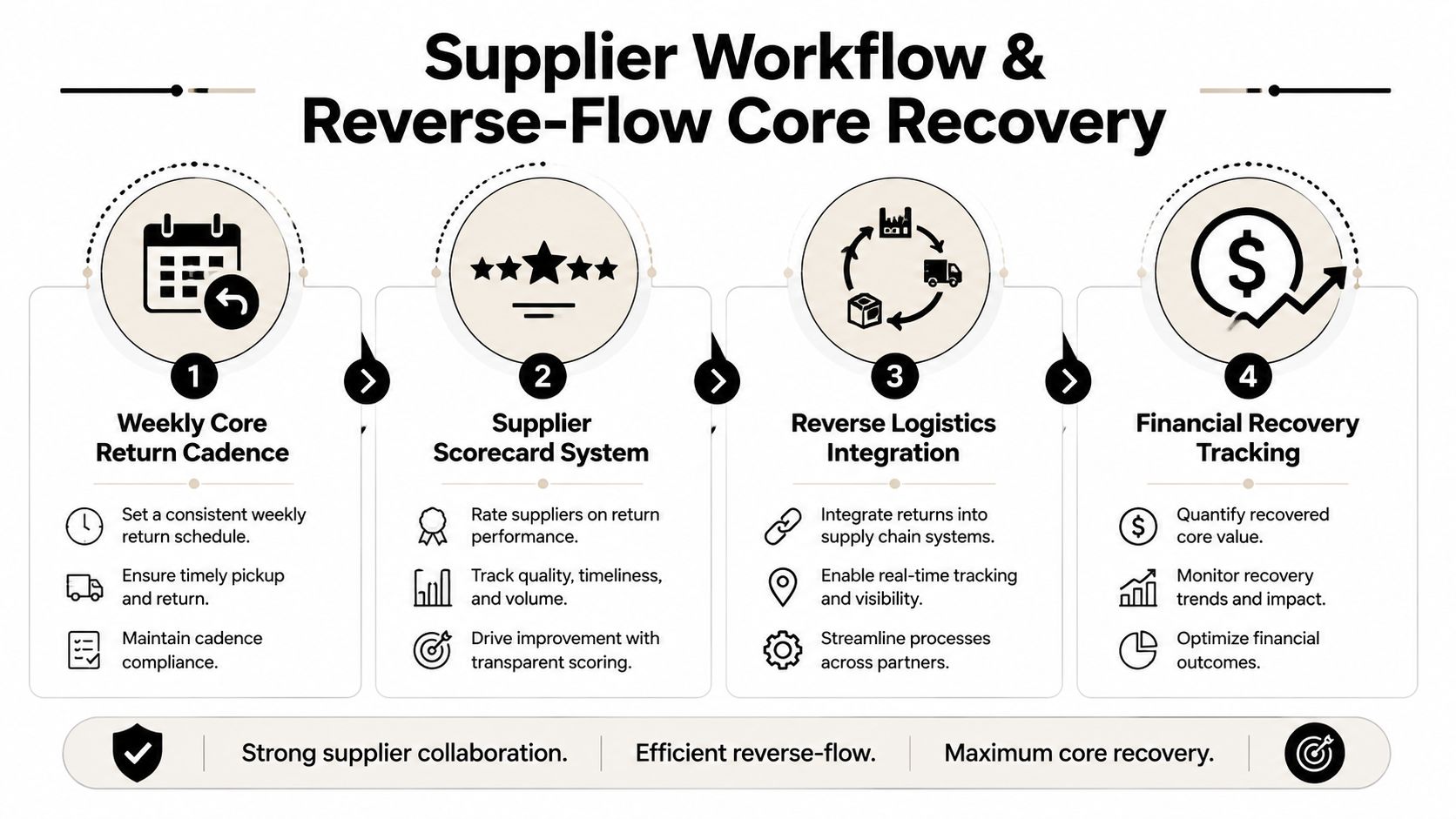 Auto Shop Success: Parts Inventory Management 3 A diagram outlining a four-step supplier workflow for effective reverse-flow core recovery in inventory management.