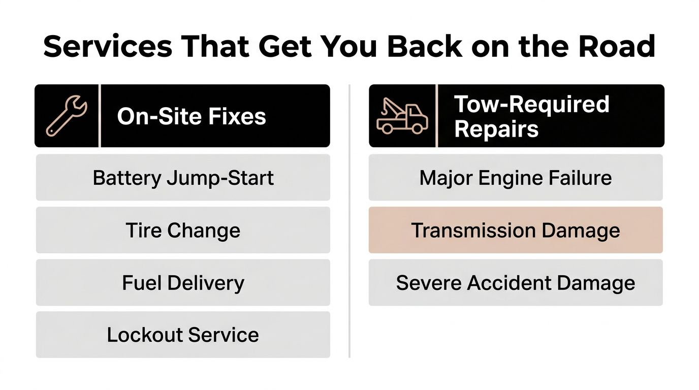 A chart comparing roadside assistance services categorized into on-site fixes and tow-required repairs for vehicles.
