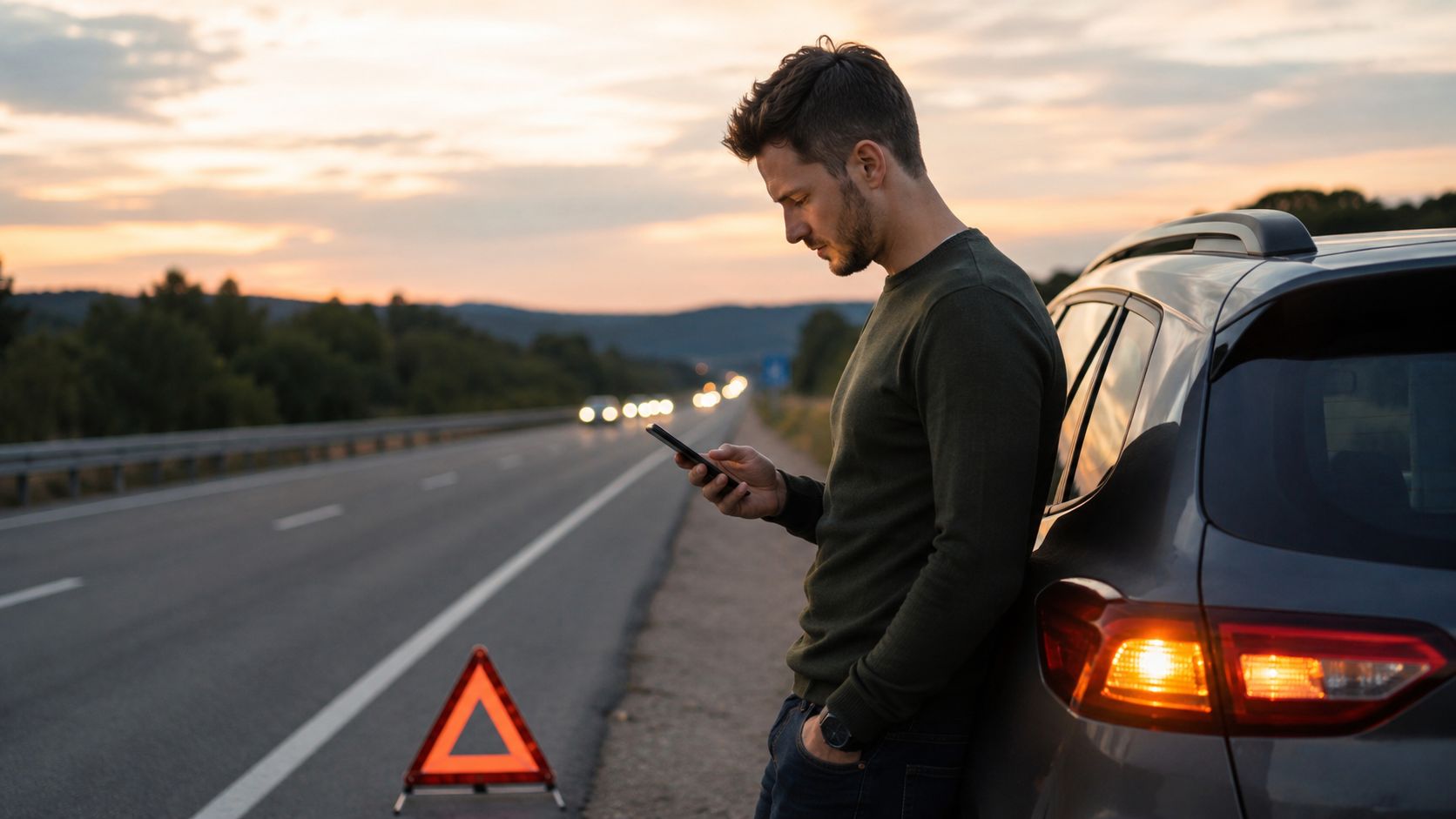 A stranded driver looking at his phone while leaning against his broken down car on a highway.