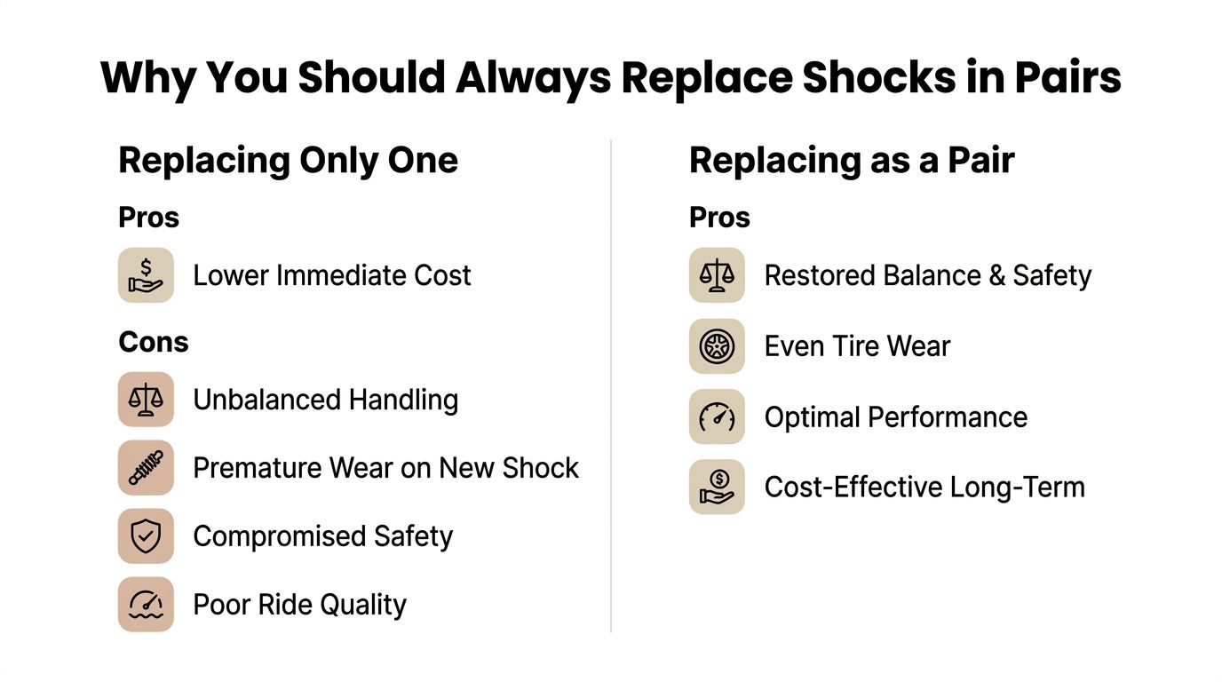 A comparison chart explaining the advantages and disadvantages of replacing car shock absorbers individually versus in pairs.