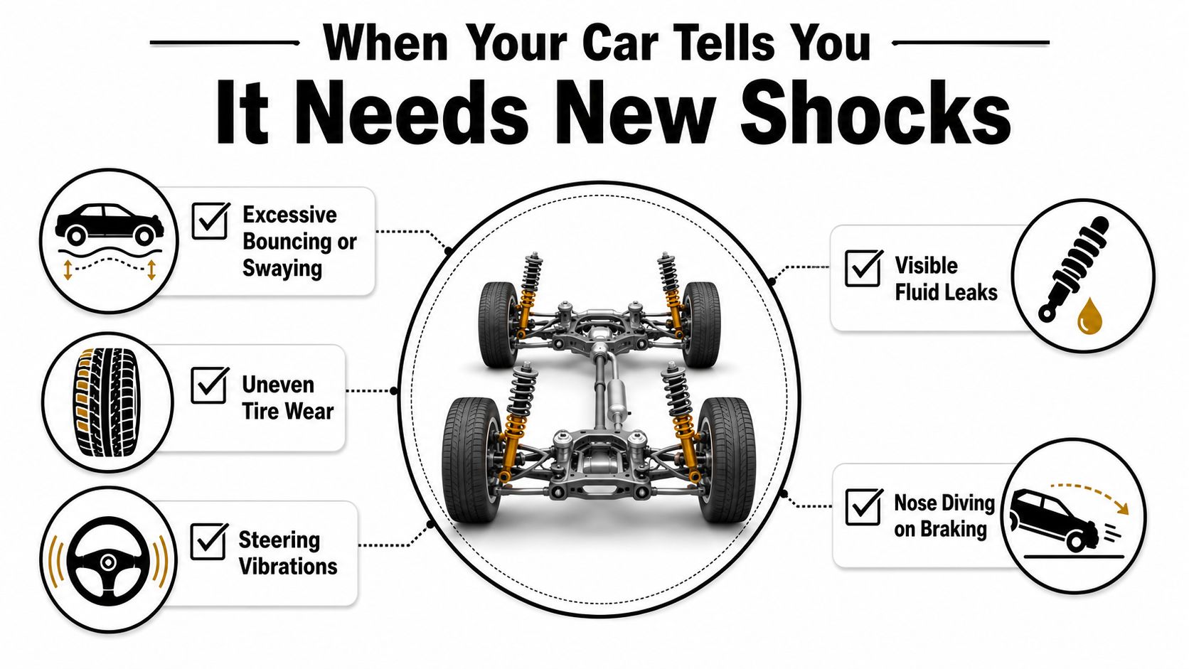 An infographic showing six common symptoms of a vehicle that needs its shock absorbers replaced.