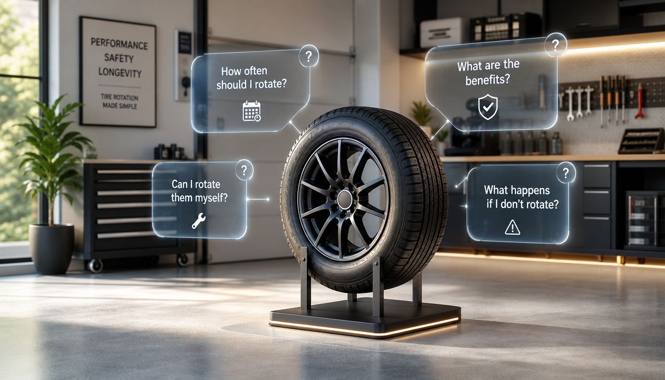Your Tire Rotation Schedule: A Complete Guide for 2026 12 A car tire on a stand in a garage with four interactive floating question bubbles surrounding it.