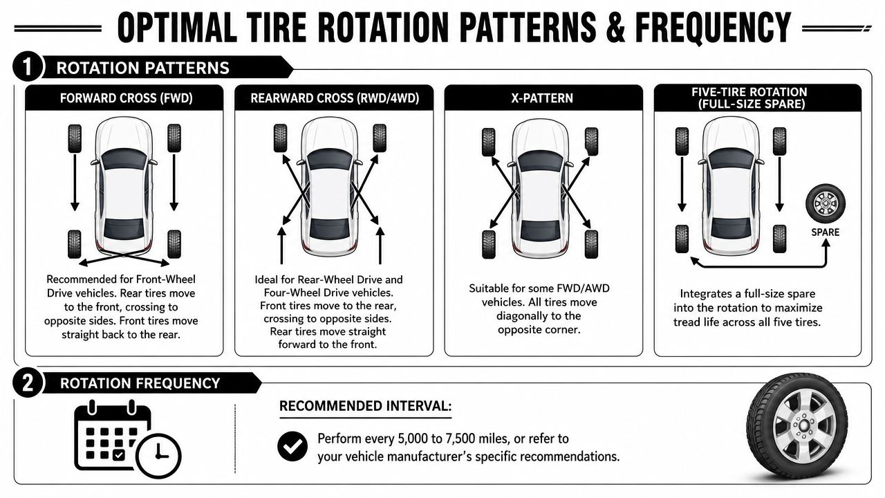 Your Tire Rotation Schedule: A Complete Guide for 2026 10 An infographic showing optimal tire rotation patterns and recommended maintenance intervals for different types of vehicles.