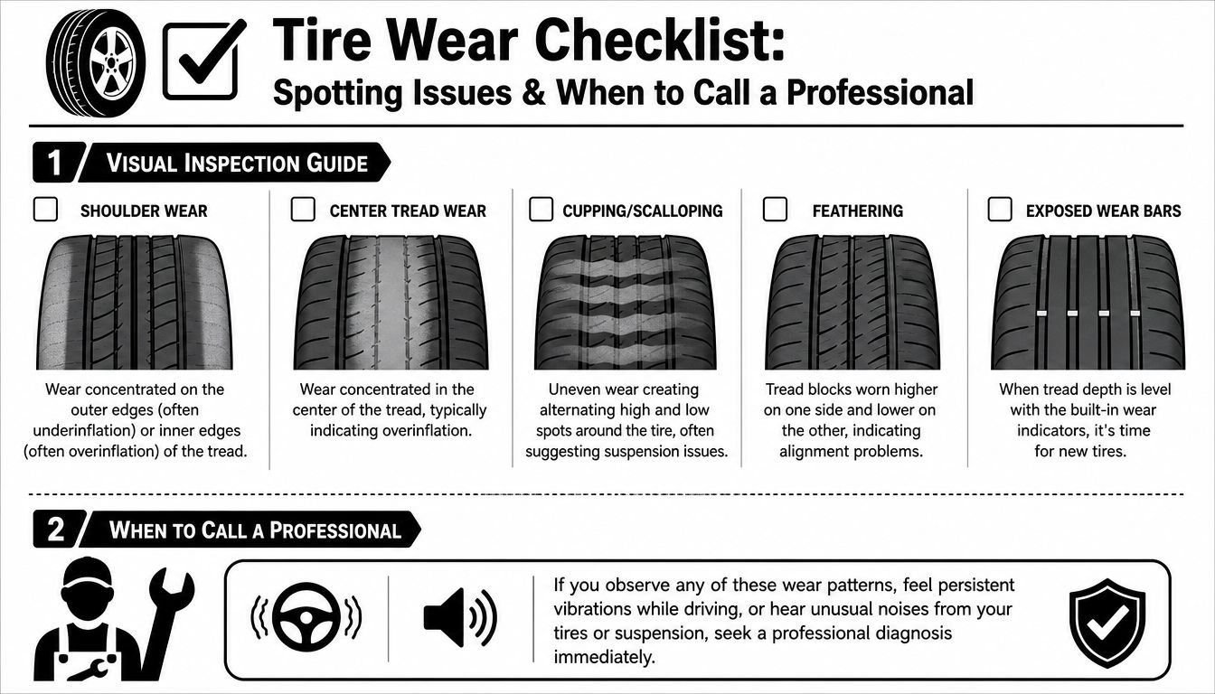 Your Tire Rotation Schedule: A Complete Guide for 2026 11 A visual guide illustrating various tire wear patterns like shoulder wear, cupping, and exposed wear bars.