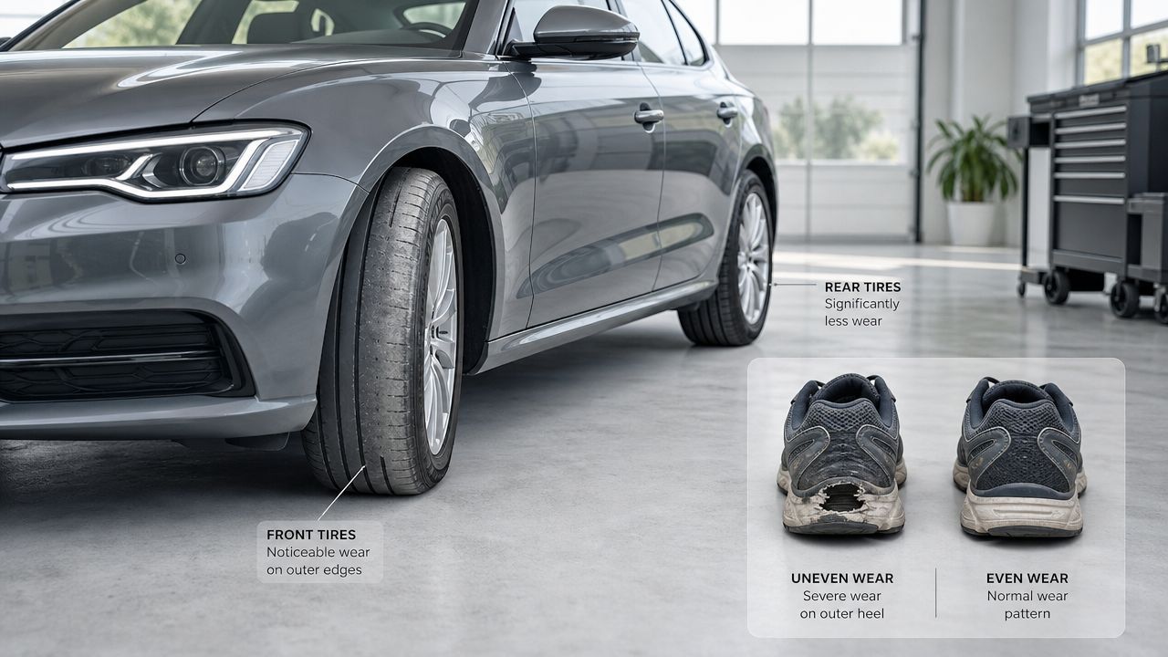 Your Tire Rotation Schedule: A Complete Guide for 2026 9 An infographic showing tire wear patterns on a luxury sedan compared with wear on a pair of sneakers.