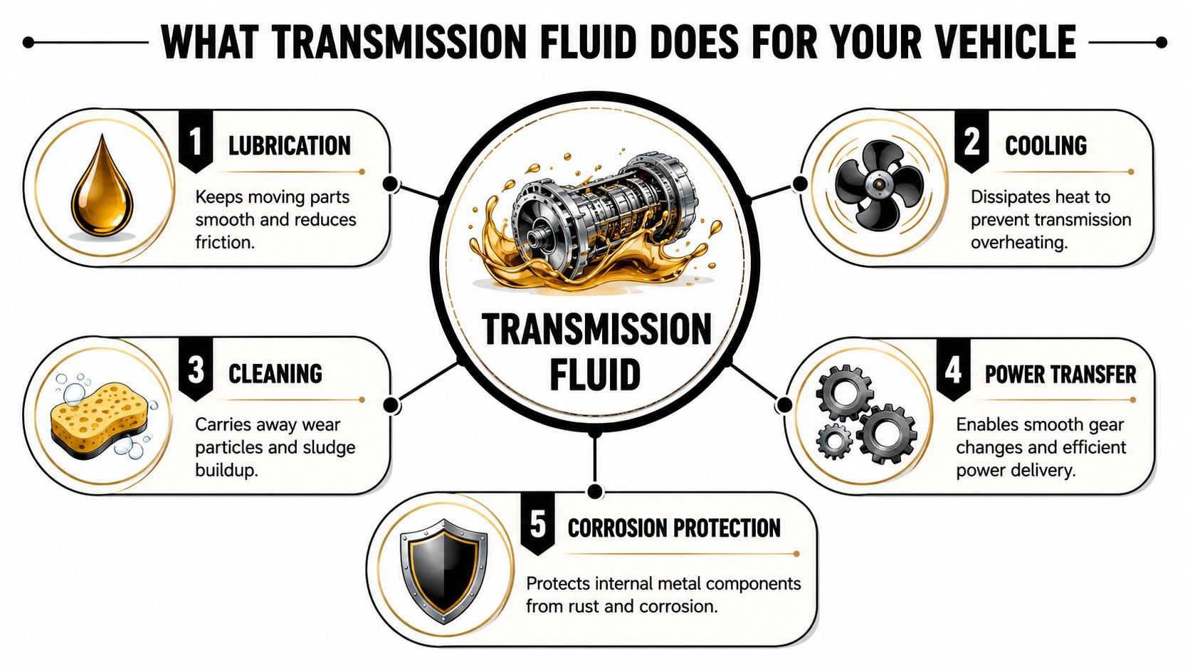 Transmission Fluid Service: A Complete Guide for 2026 5 An infographic detailing five essential functions of transmission fluid in a vehicle, including lubrication, cooling, cleaning, power transfer, and protection.