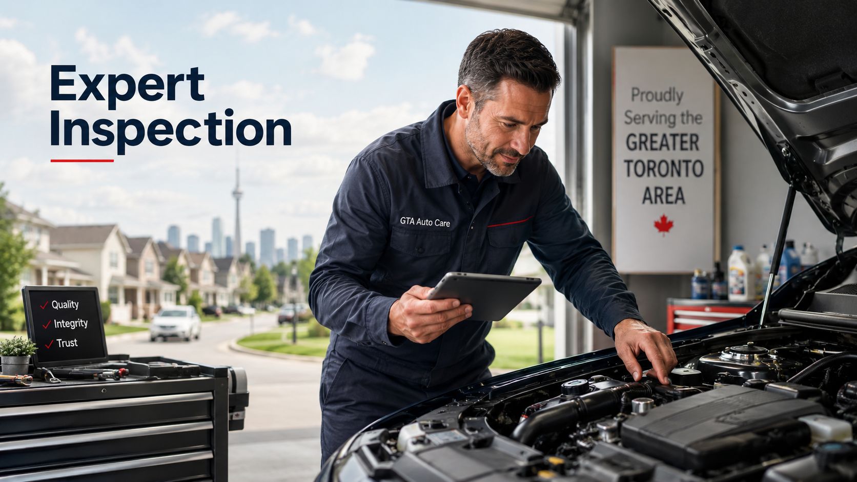 A professional mechanic from GTA Auto Care performs an expert inspection on a vehicle using a tablet.
