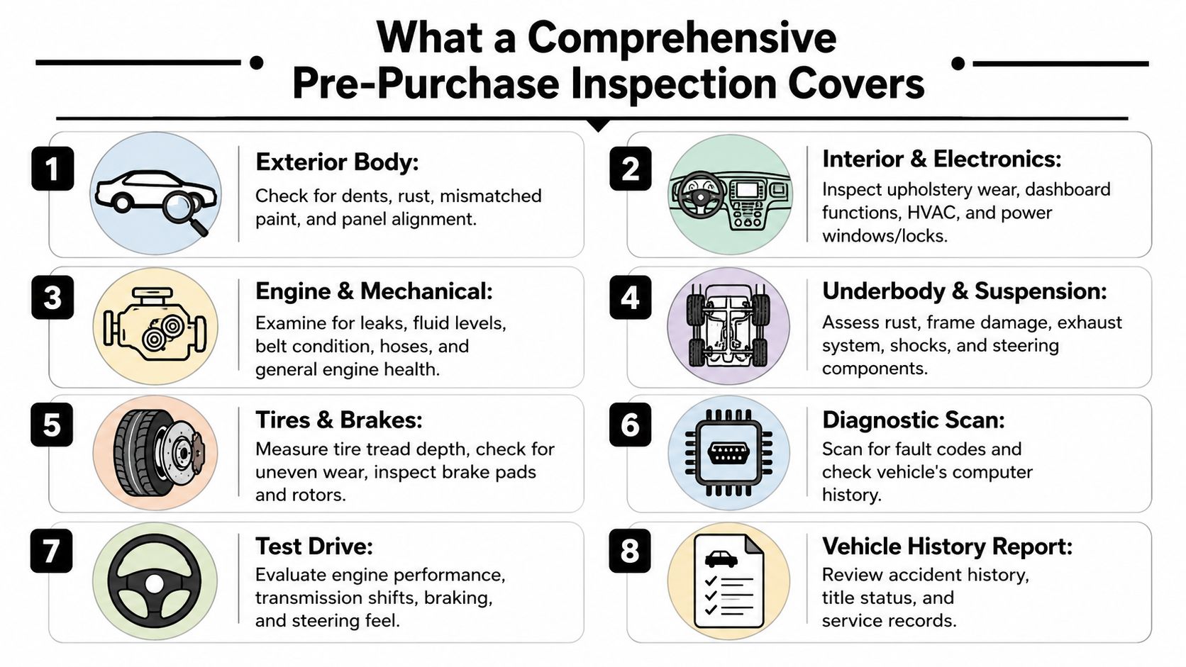 An infographic detailing the eight essential steps included in a comprehensive pre-purchase vehicle inspection.