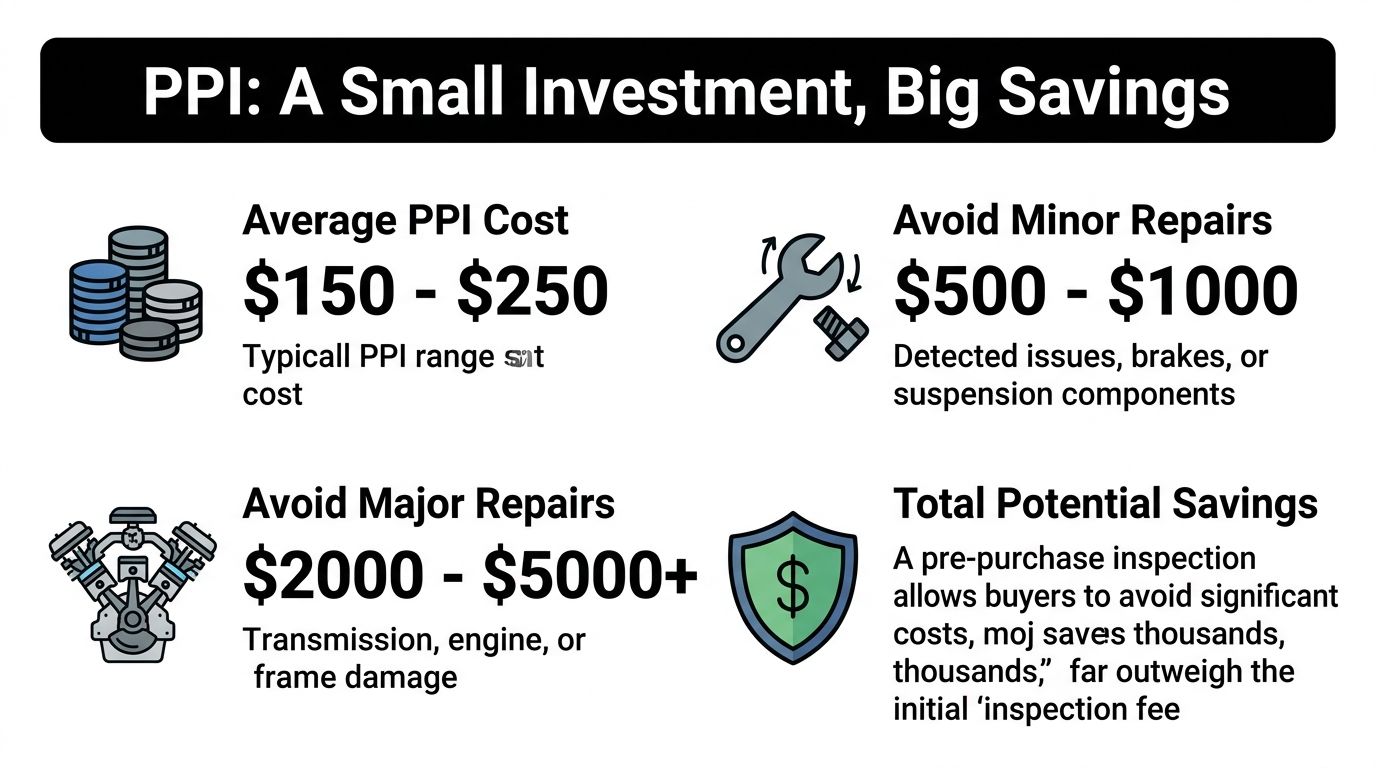 An infographic showing the cost of a pre-purchase inspection and the significant potential savings on vehicle repairs.
