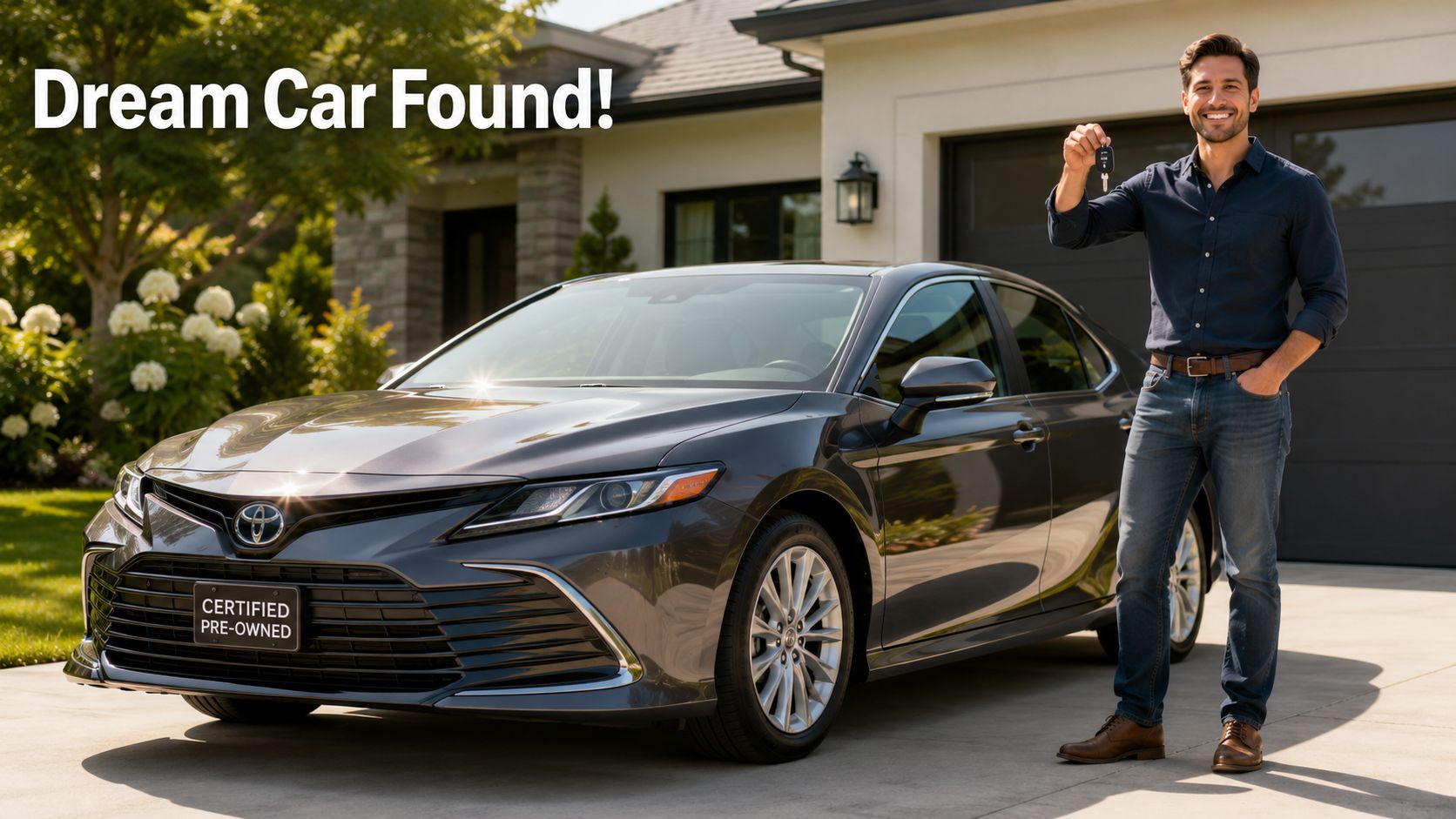 A smiling man holding car keys while standing next to his newly purchased grey certified pre-owned Toyota sedan.
