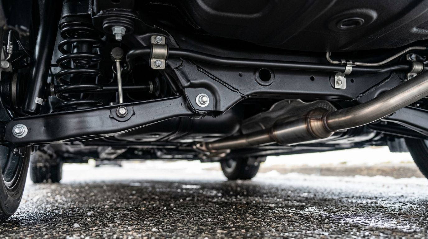 A close-up view of a vehicle's clean undercarriage, suspension components, and exhaust system on a paved surface.