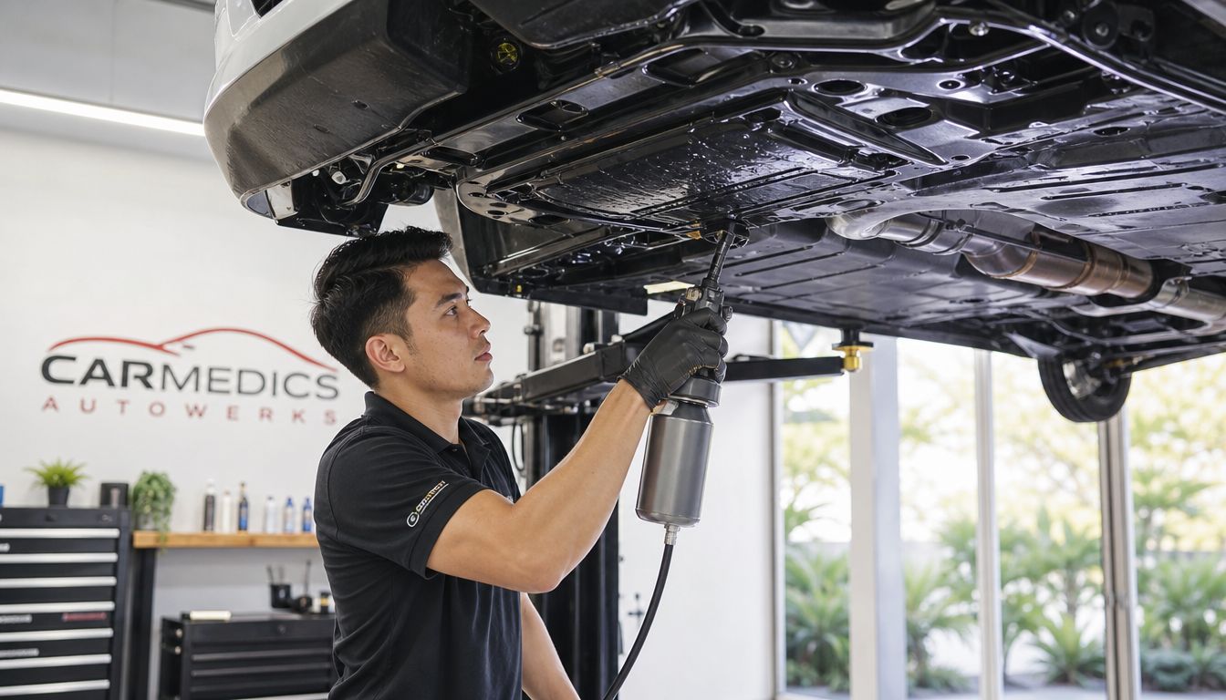 A professional mechanic wearing black gloves applying undercoating to the underside of a car in a workshop.