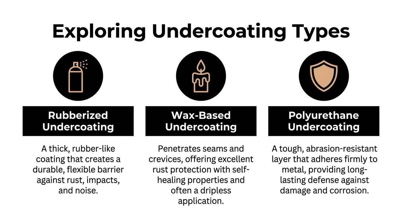 An infographic titled Exploring Undercoating Types explaining rubberized, wax-based, and polyurethane protective car undercoating solutions.