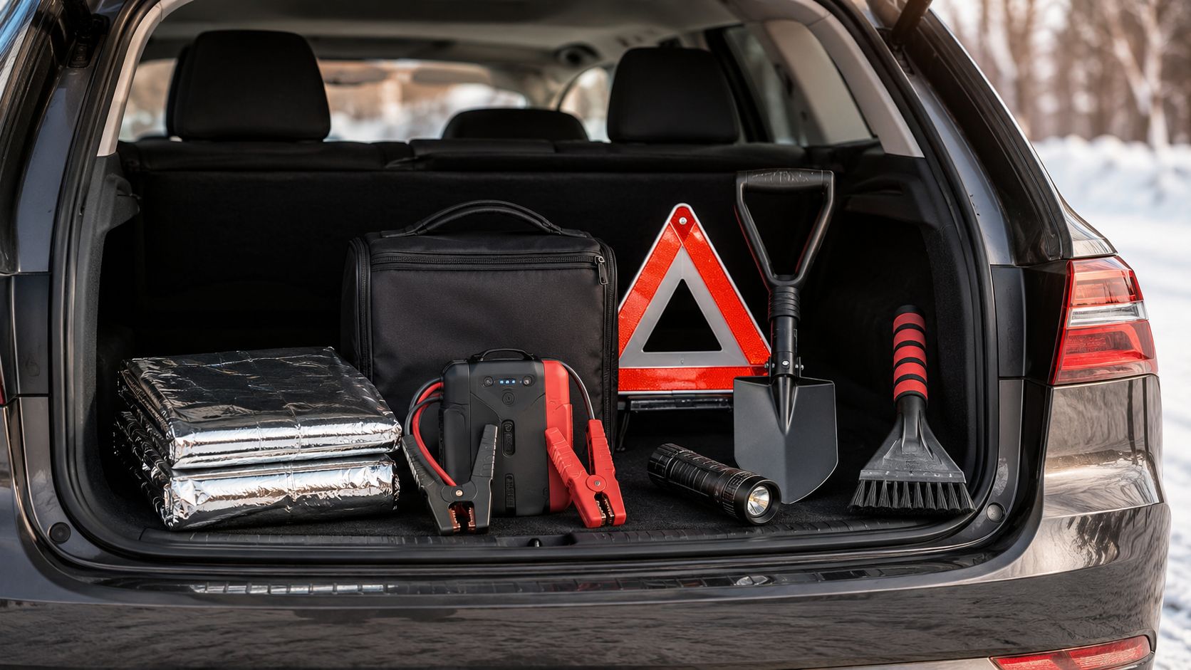 An open car trunk filled with essential winter car maintenance emergency tools and safety equipment on snowy ground.