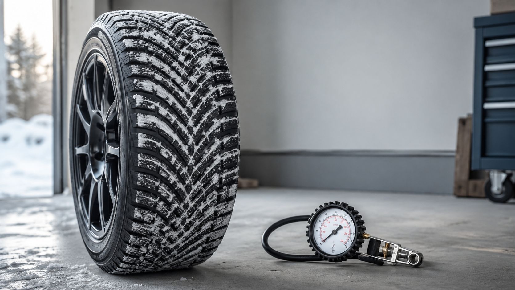 A snow-covered car tire next to a pressure gauge on a garage floor during winter.