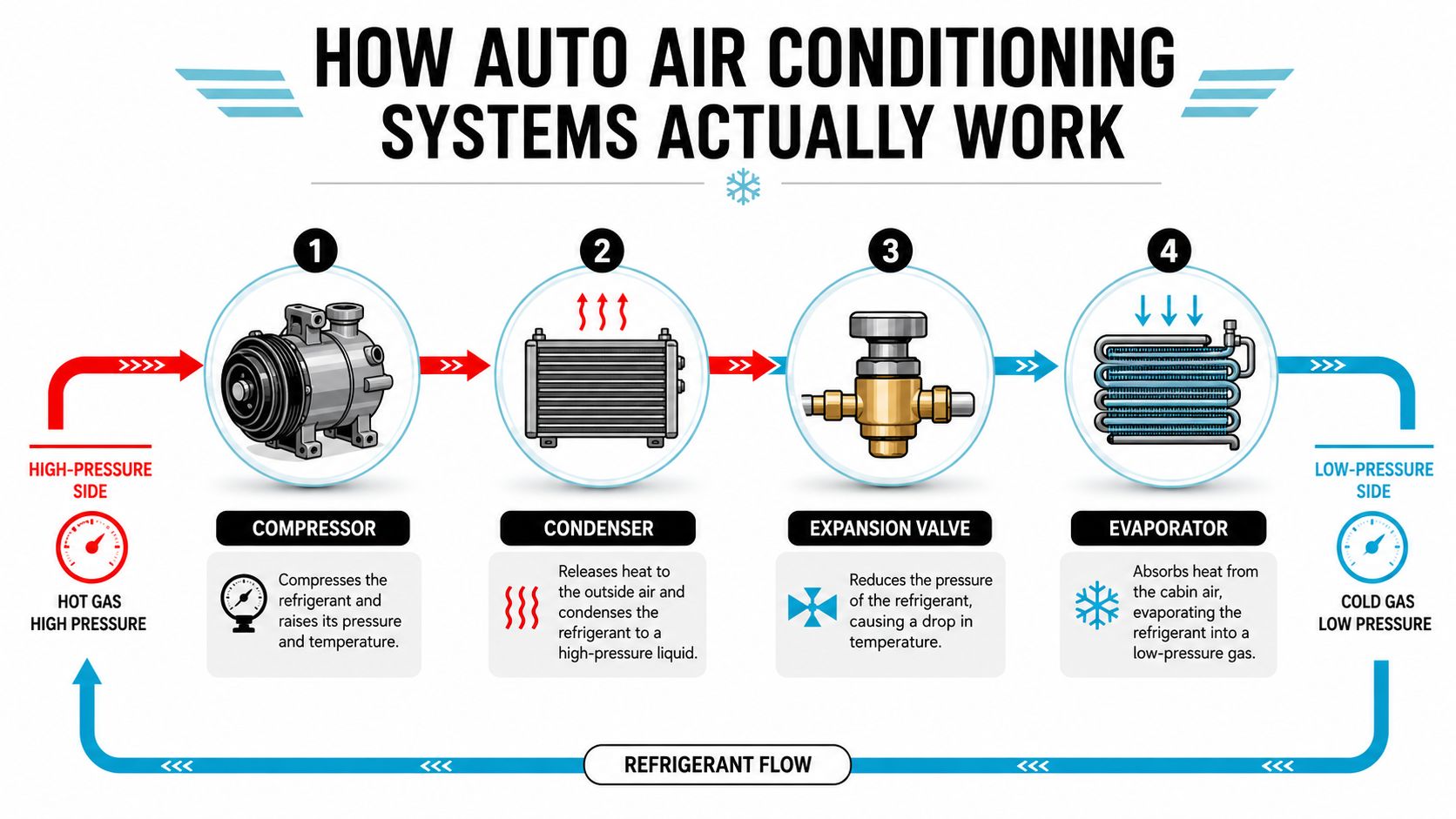 A diagram illustrating the four-step process of how an automotive air conditioning system circulates refrigerant.