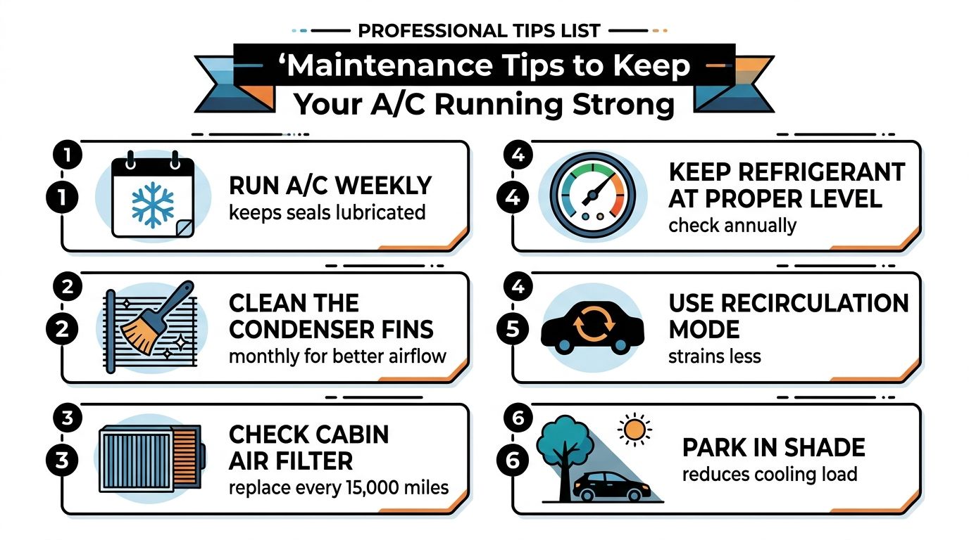 An infographic titled Maintenance Tips to Keep Your A/C Running Strong, displaying six numbered vehicle air conditioning care steps.