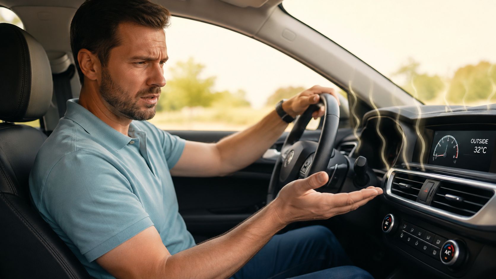 A frustrated man inside a hot car checking the failing air conditioning vent while driving.