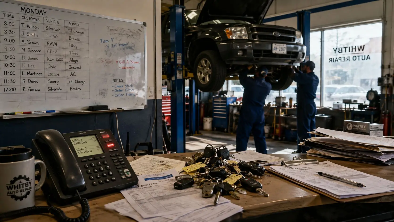 Automated Scheduling System Guide for Auto Repair Shops 1 Inside a busy automotive repair shop with a car on a lift and a service desk