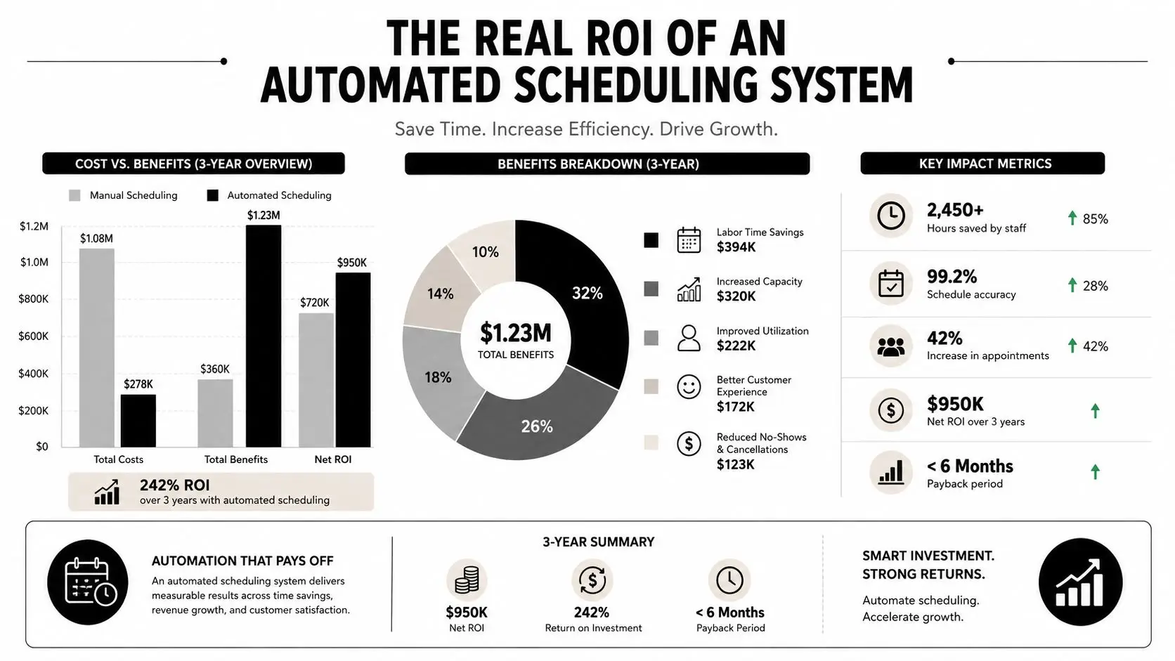 Automated Scheduling System Guide for Auto Repair Shops 2 An infographic illustrating the return on investment and business benefits of implementing an automated scheduling system.