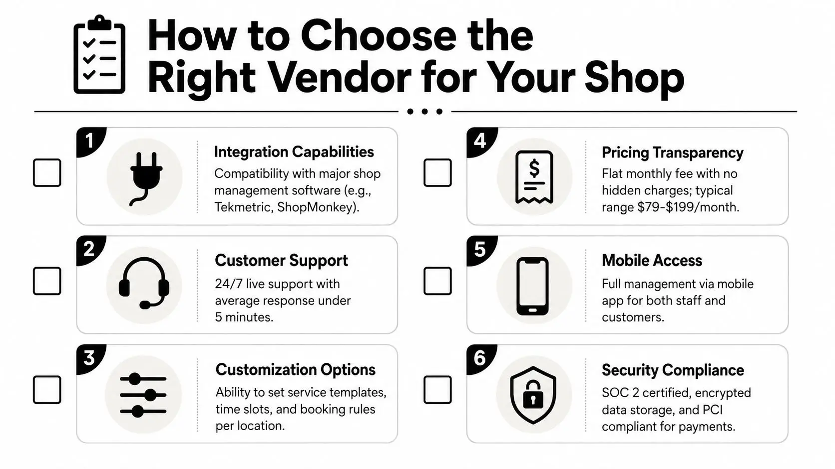 Automated Scheduling System Guide for Auto Repair Shops 3 A checklist infographic titled How to Choose the Right Vendor for Your Shop with six key criteria.