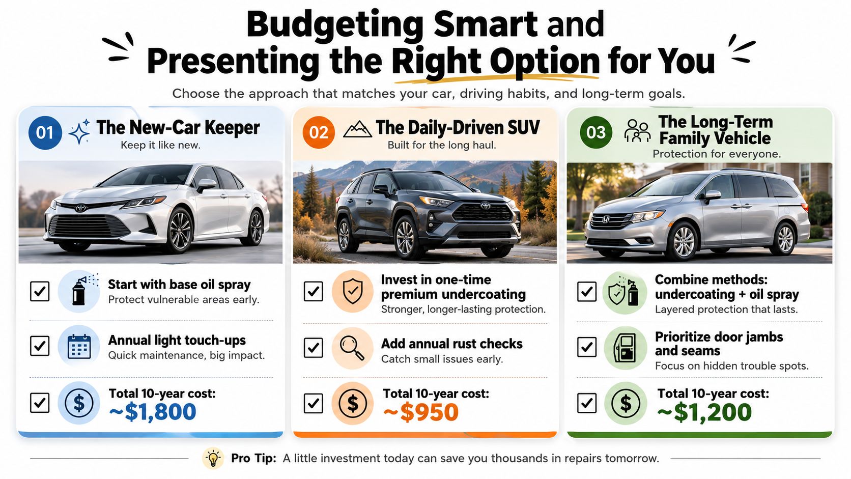 A comparison chart outlining different vehicle rust proofing strategies, recommended budgets, and long-term car maintenance tips.