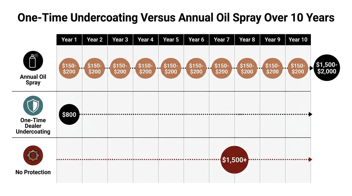 A comparison chart showing 10-year costs for annual oil spray, one-time dealer undercoating, and no protection.