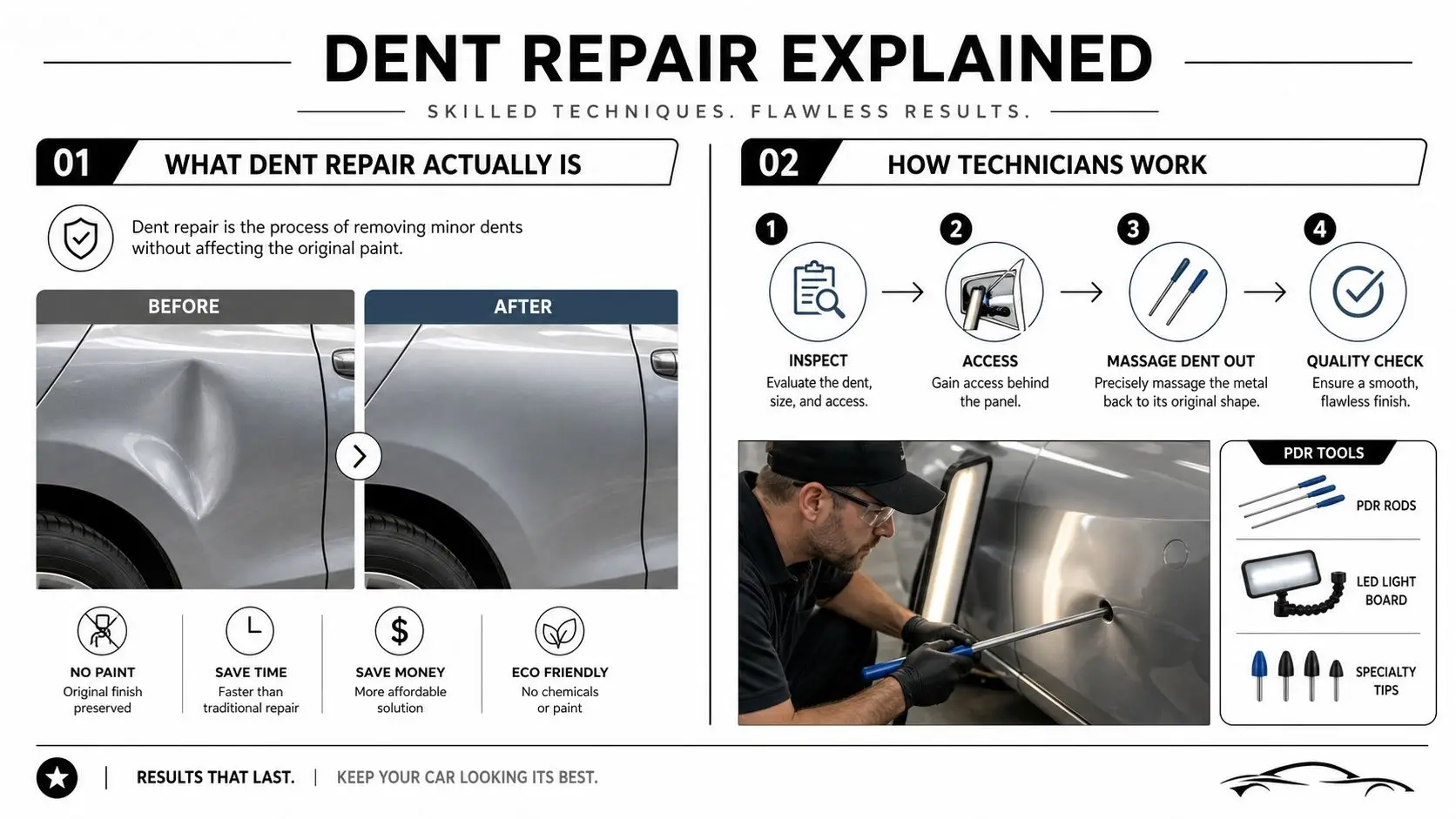 An infographic explaining the car dent repair process, highlighting techniques, benefits, and tools used by technicians.