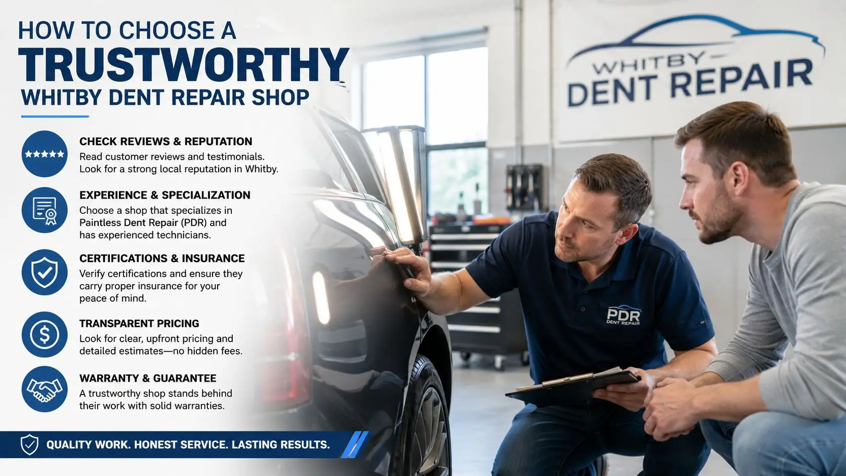 A professional technician consulting with a customer about dent repair on a car in a workshop.