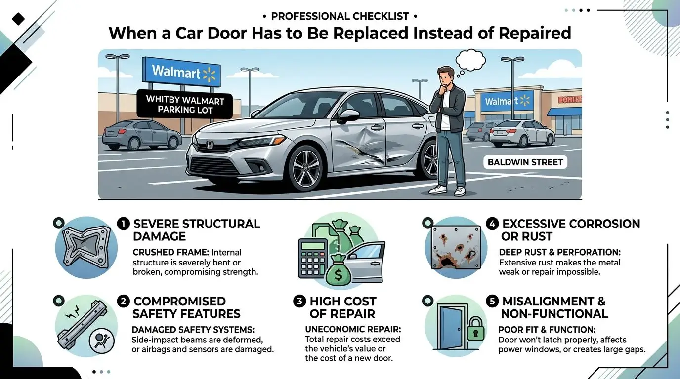 Car Door Replacement Explained for Whitby Drivers 1 An infographic detailing five professional reasons why a damaged car door requires replacement instead of repair.