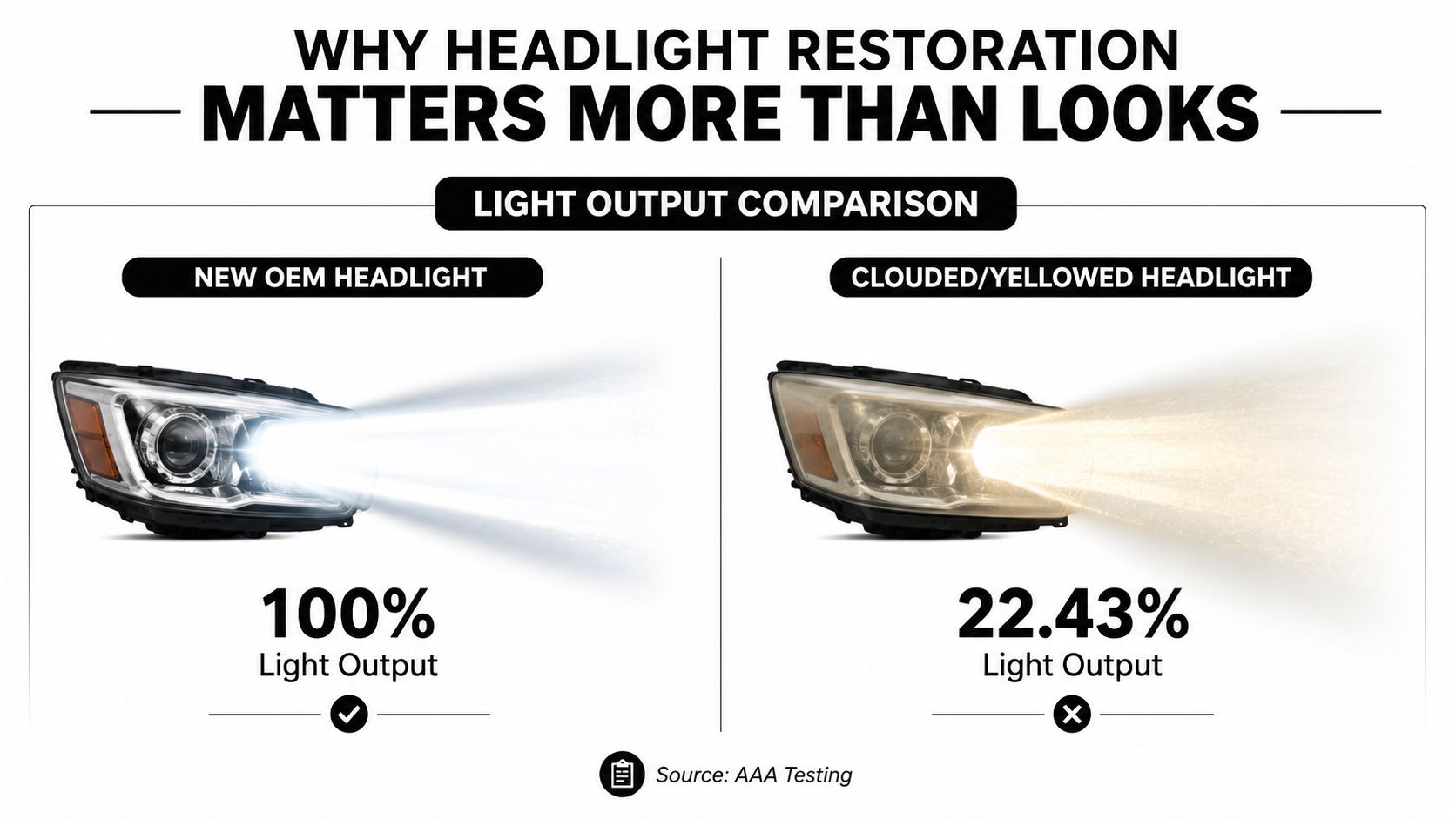 A comparison showing that new OEM headlights provide 100% light output versus 22.43% for yellowed, cloudy headlights.