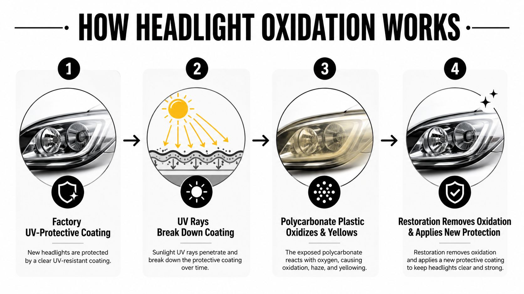 A four-step infographic explaining how headlight oxidation occurs and how the restoration process fixes yellowed lenses.