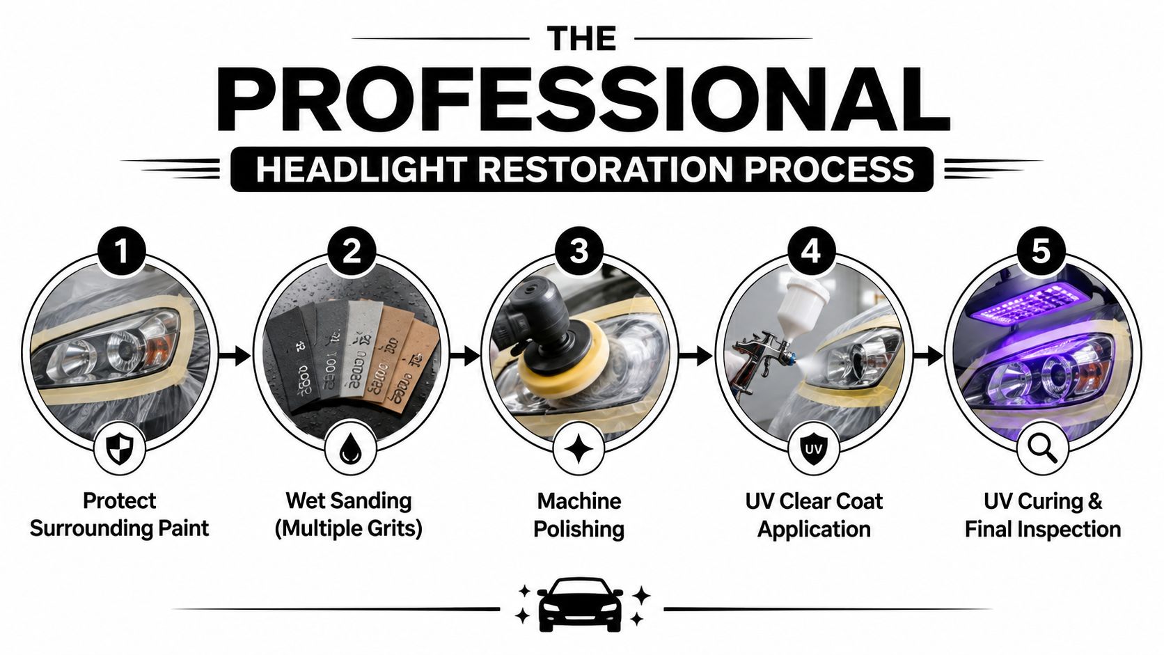 A diagram illustrating a five-step professional headlight restoration process for vehicles, from preparation to final UV curing.