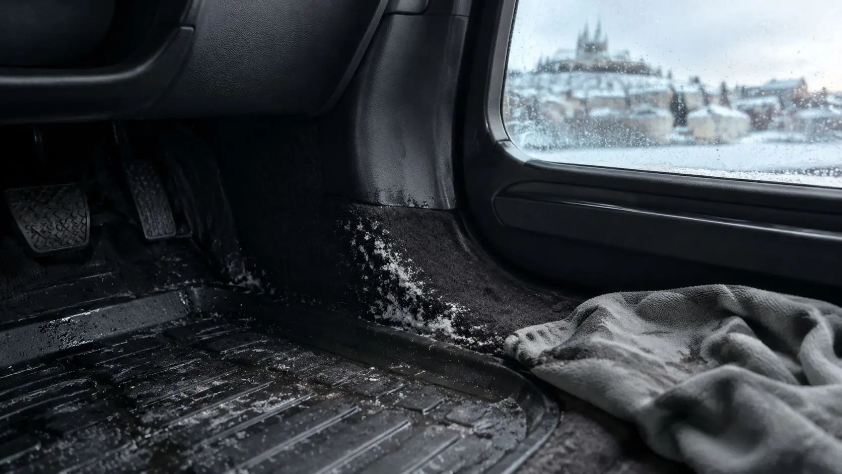 Interior Detailing: The Complete Guide for Whitby Drivers 1 A close-up view of a car interior with road salt and snow residue on the floor mats.